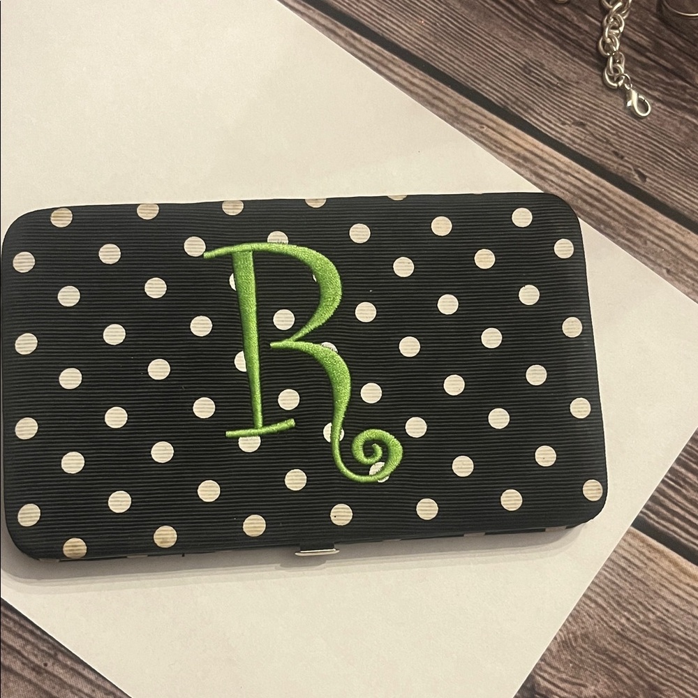 Black Polka Dot wallet with Green Initial